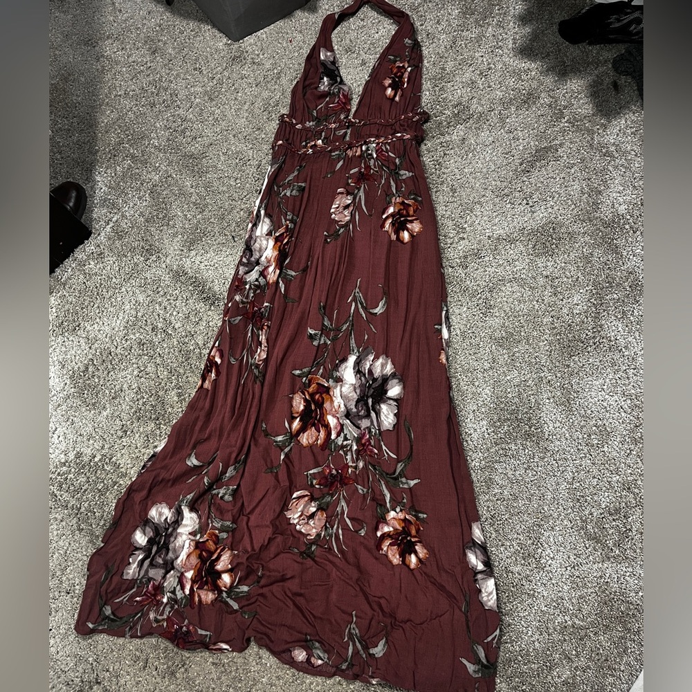 Halter dress, mauve, floral print, maxi low back in size M.